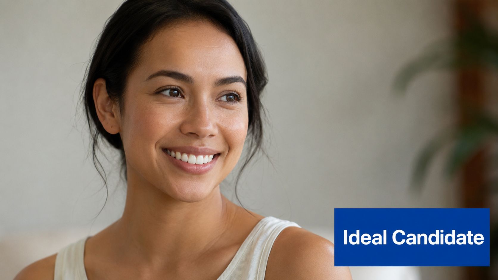 A smiling young woman with clear skin looking away, representing a candidate for cosmetic skin treatments.