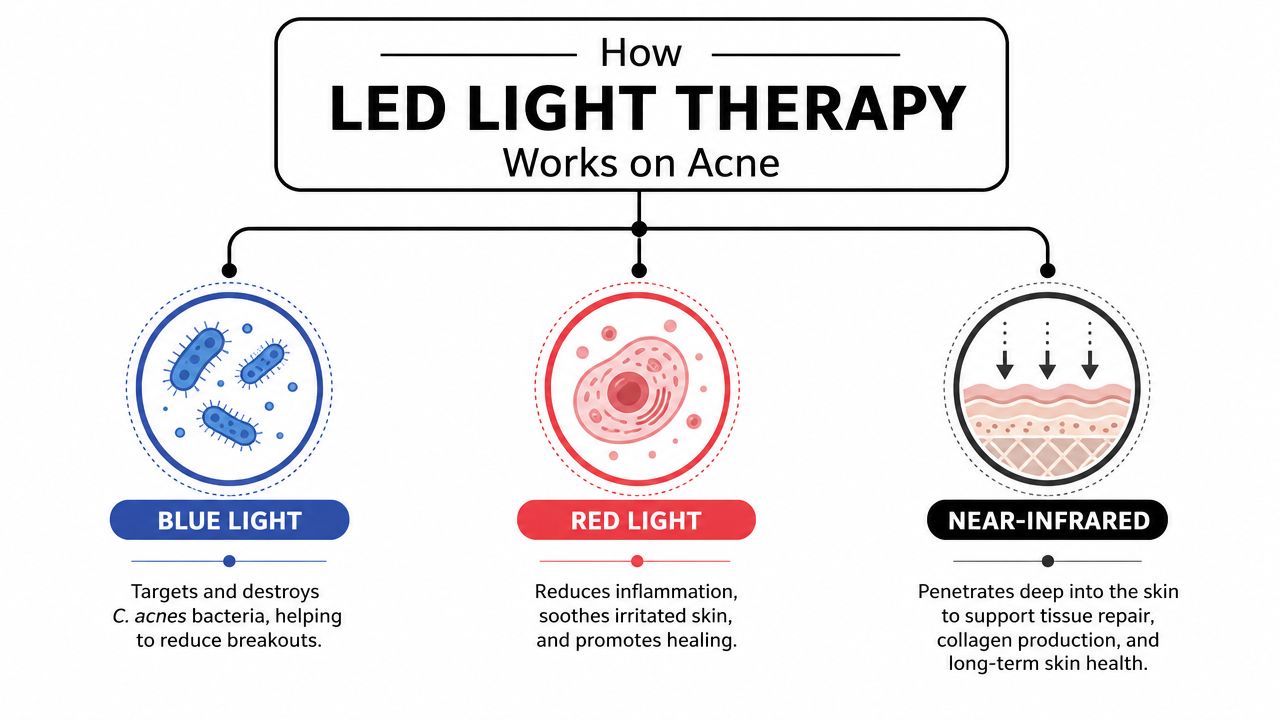 A diagram explaining how blue light, red light, and near-infrared LED light therapy treatments help acne.