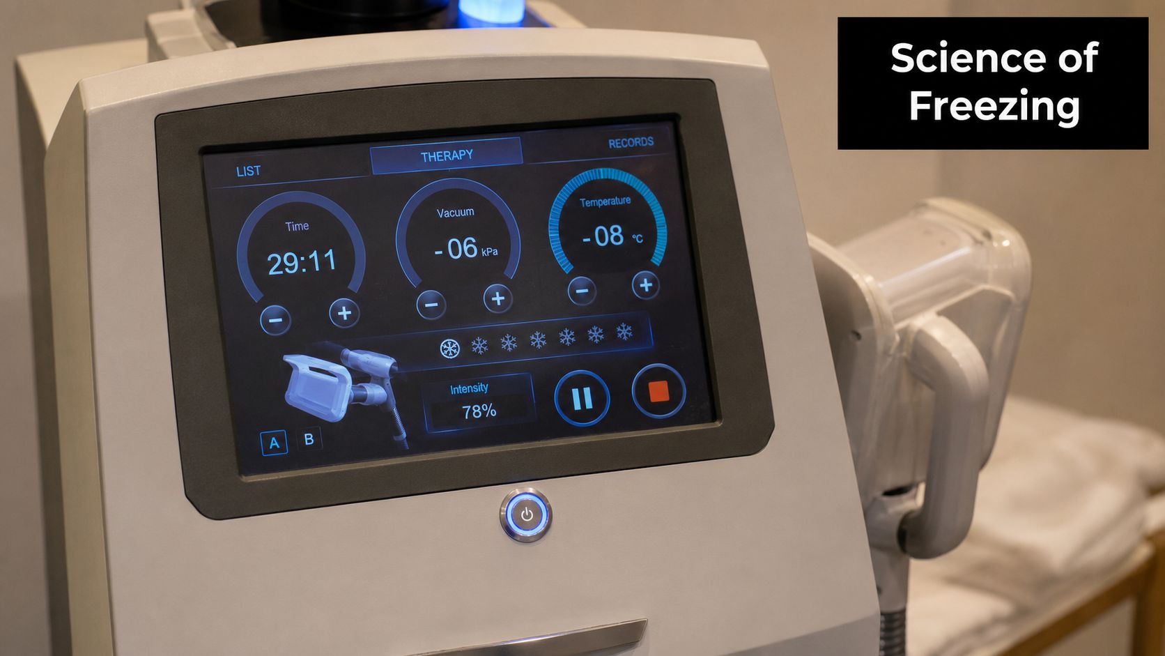 A close-up view of a professional cryolipolysis machine interface showing time, vacuum, and temperature control settings.