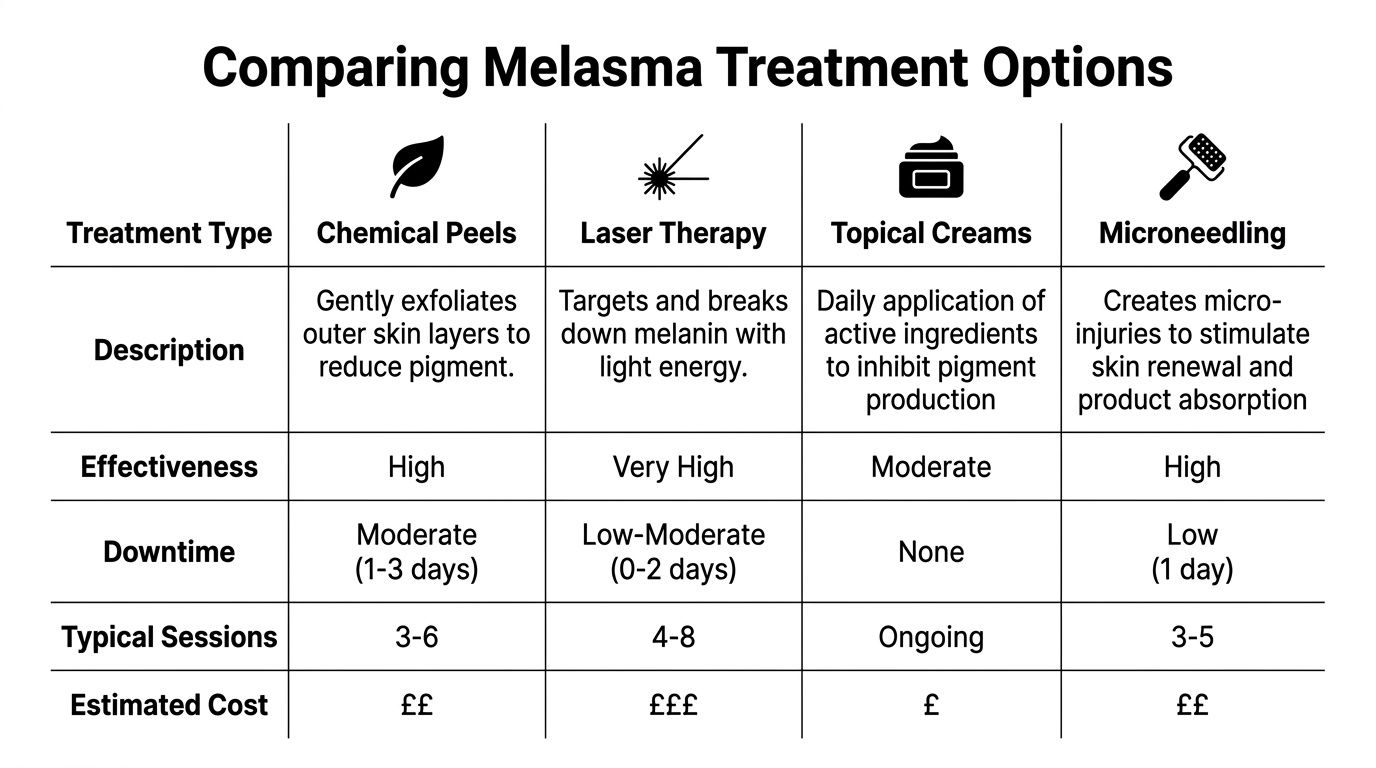 A comparison chart outlining four common melasma treatment options including peels, lasers, creams, and microneedling.