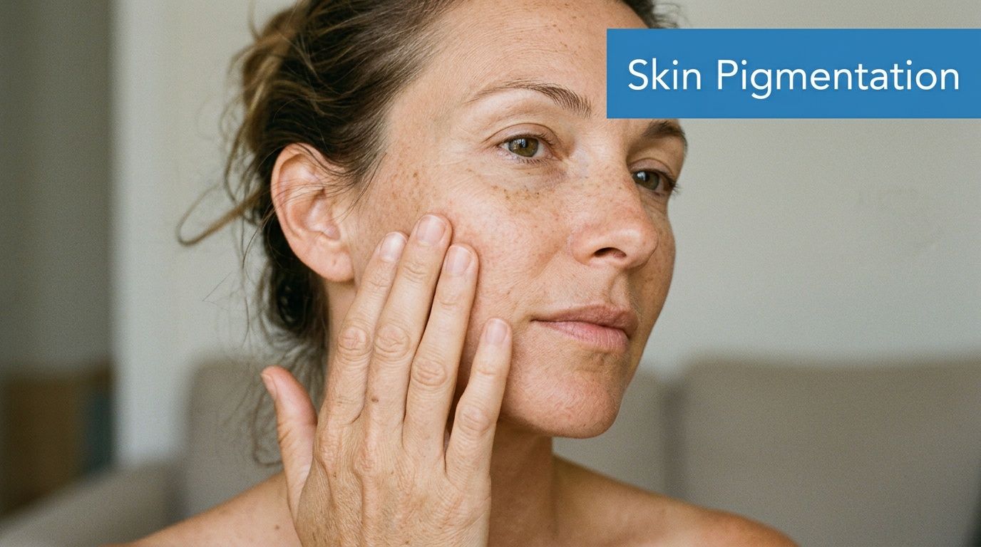 A woman touching her cheek to examine areas of facial skin pigmentation and sun spots.