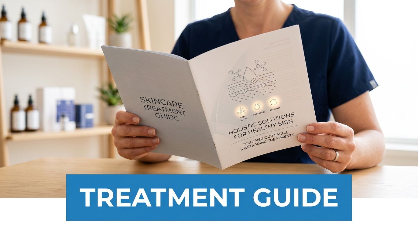 A professional aesthetician holding a skincare treatment guide brochure at a clean, modern medical spa clinic.