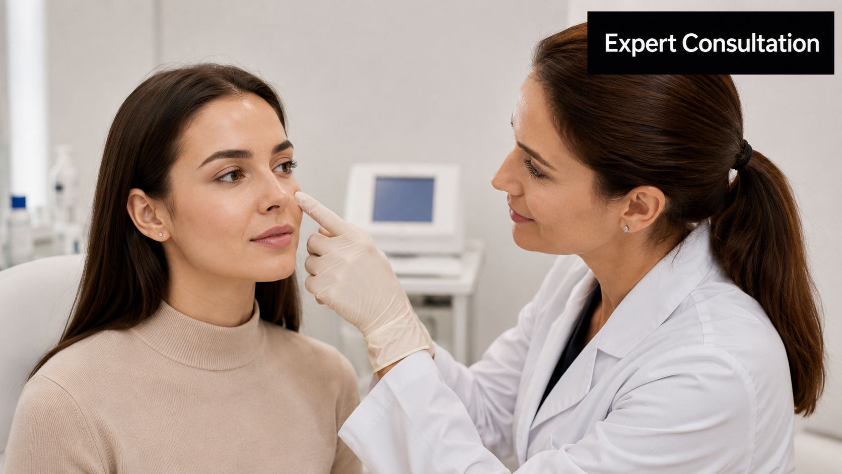 A professional dermatologist examining a patient skin concern on the face during an expert clinical consultation session.