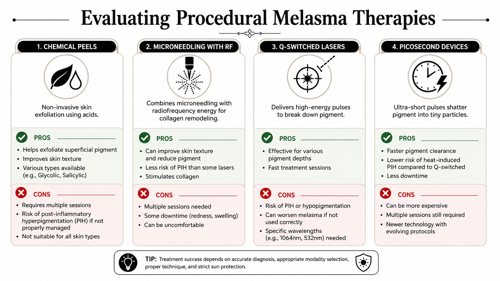 An infographic comparing four common procedural treatments for melasma, including their respective pros and cons.