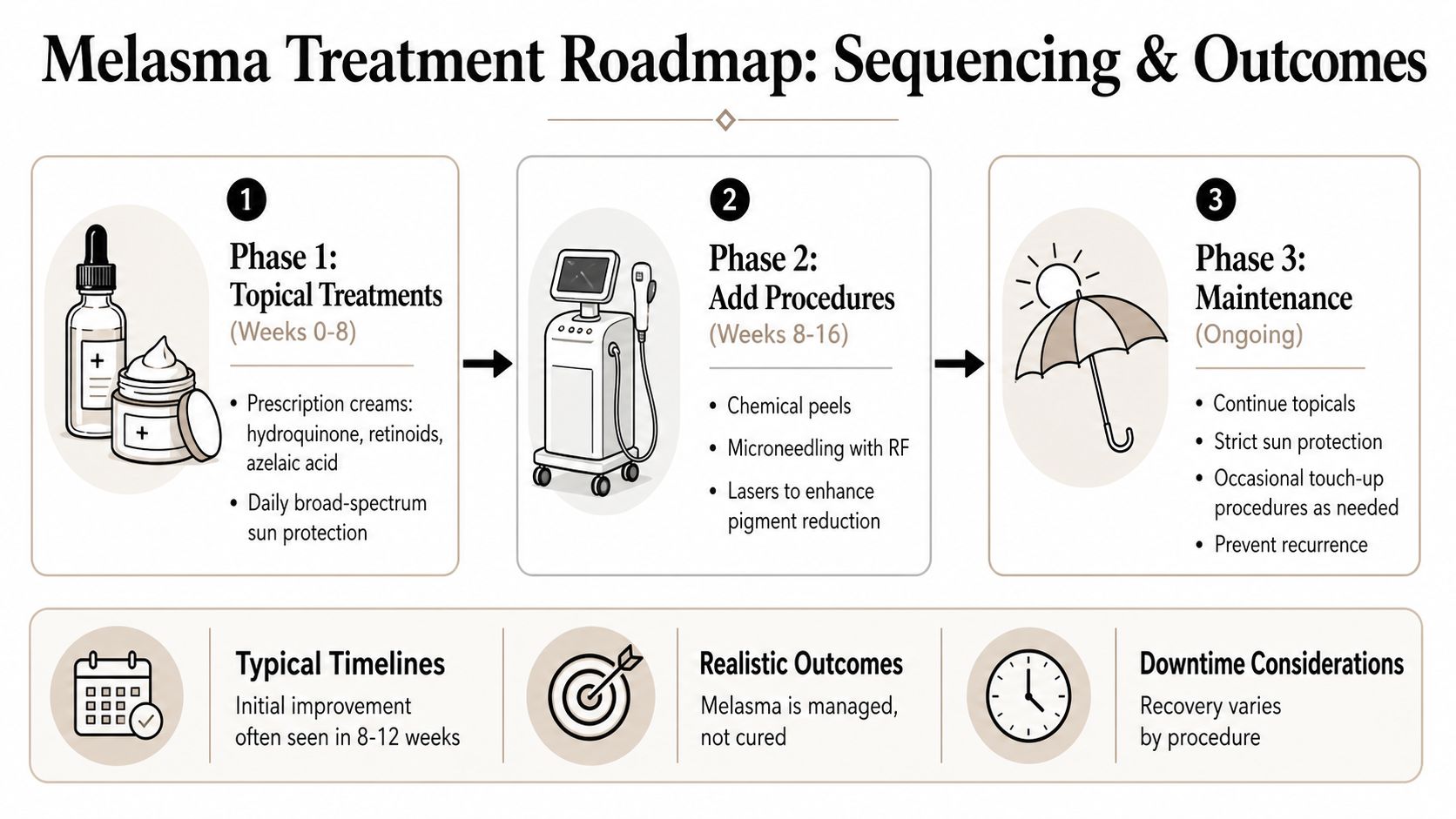 A structured roadmap infographic detailing the three phases of melasma treatment, timelines, outcomes, and recovery considerations.