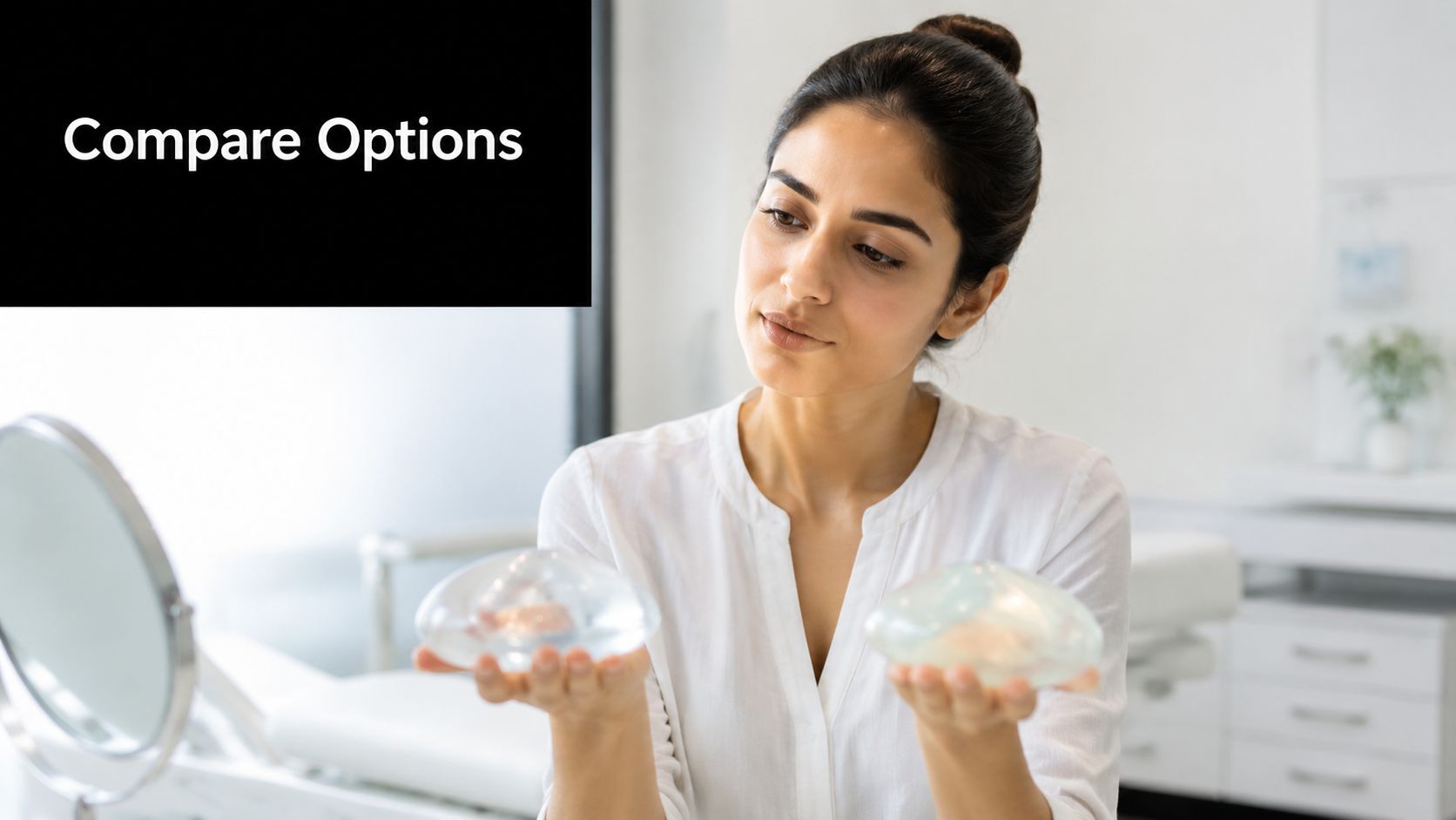 A woman holding two different breast implants in a clinical setting to compare options for surgery.