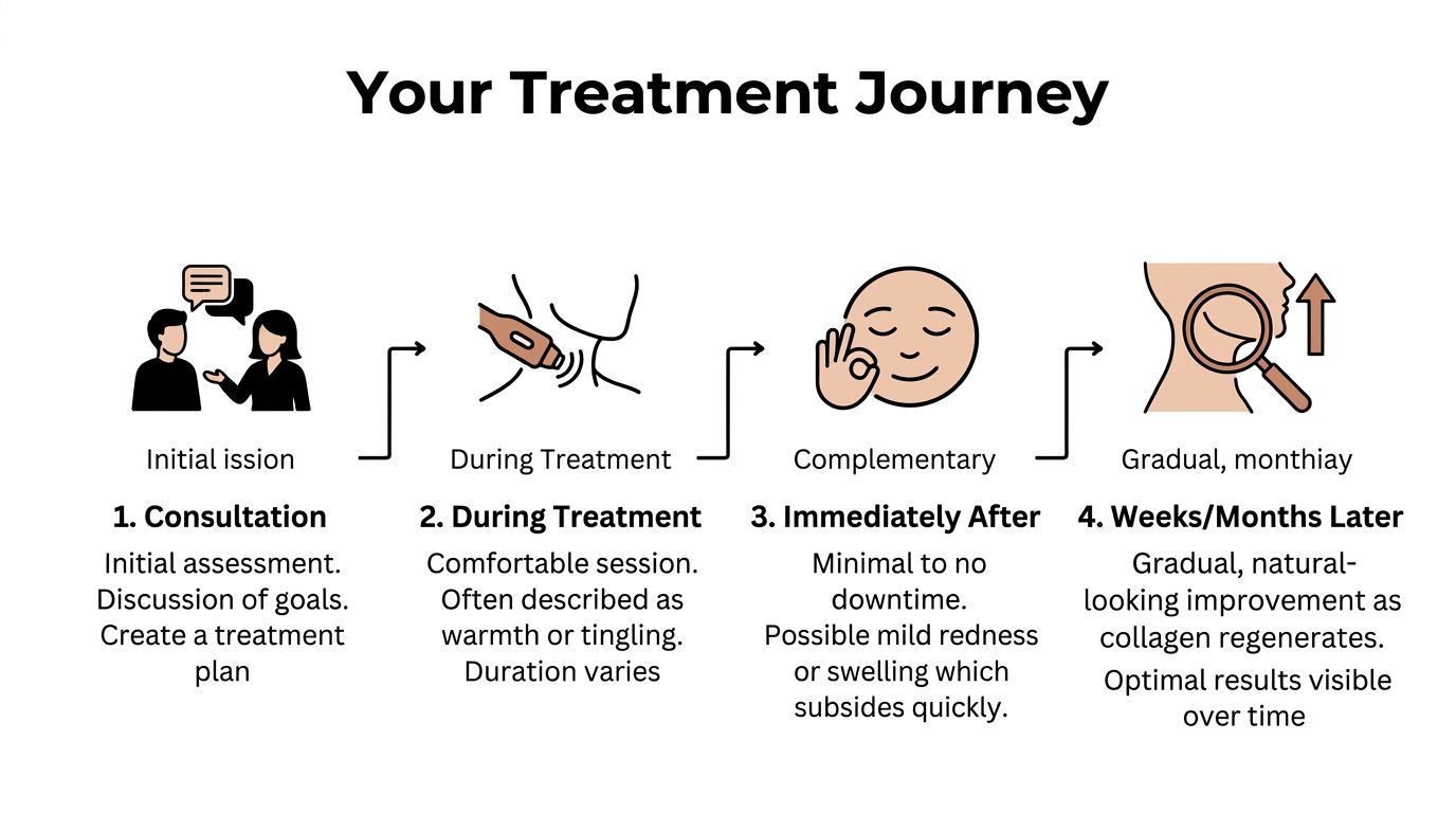 A four-step infographic illustrating the professional neck tightening treatment journey from initial consultation to visible long-term results.