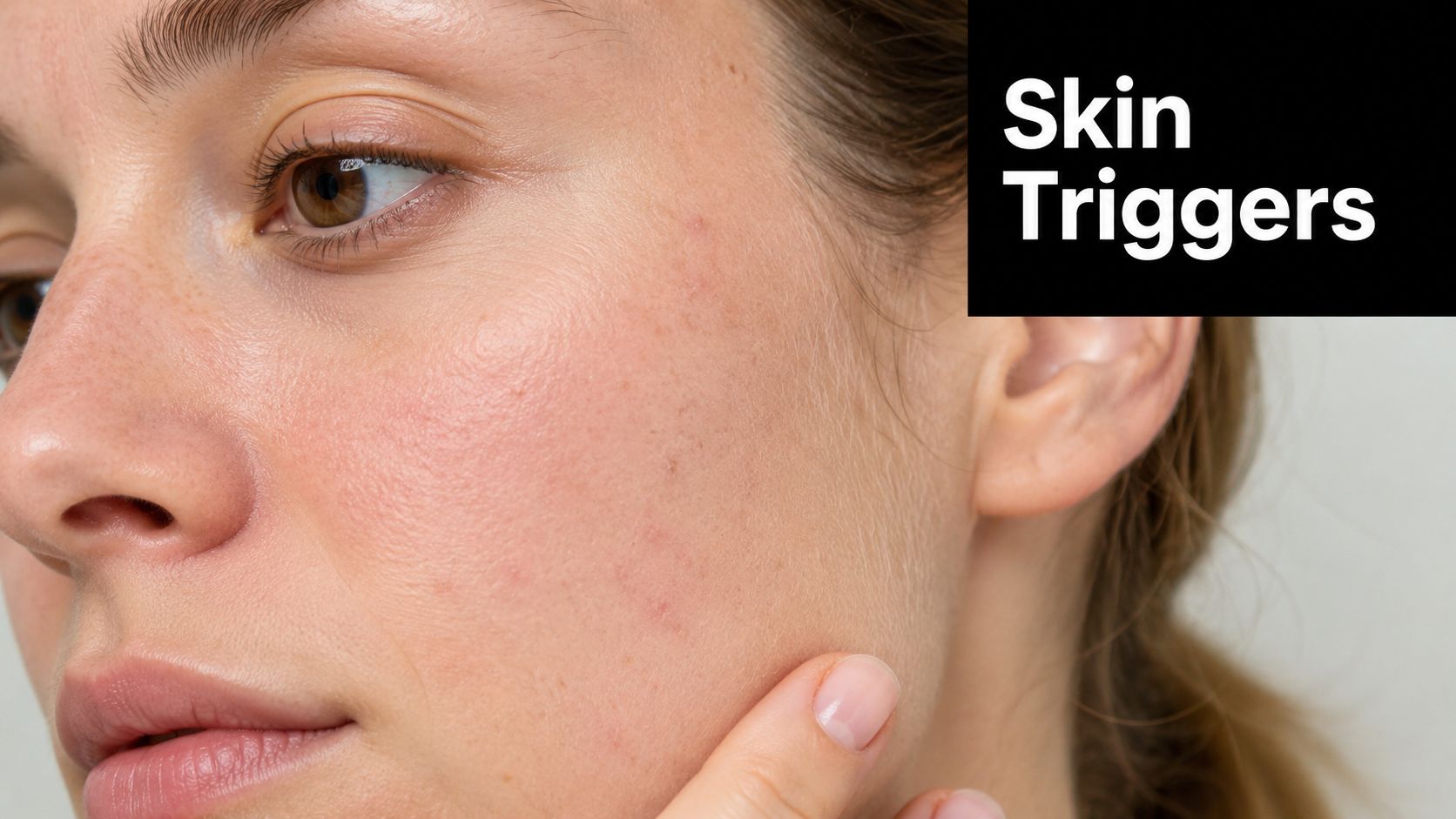A close-up view of a woman touching her cheek, highlighting skin texture and potential hyperpigmentation concerns.