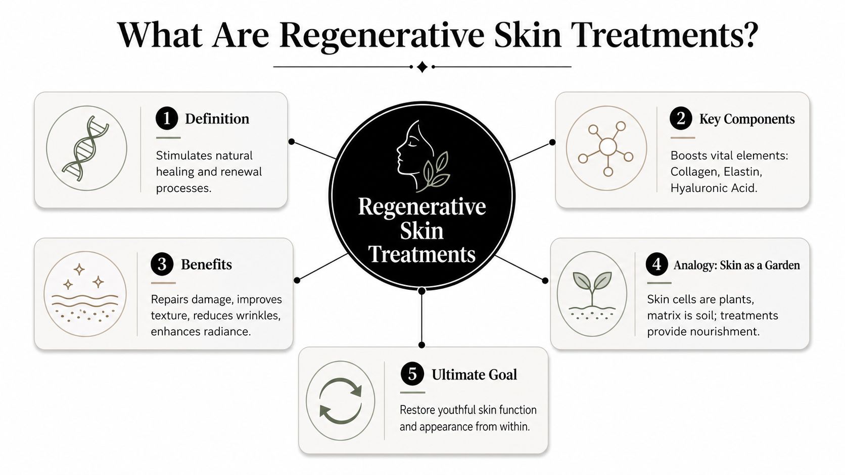 An infographic titled What Are Regenerative Skin Treatments outlining five key concepts about skin healing and rejuvenation.