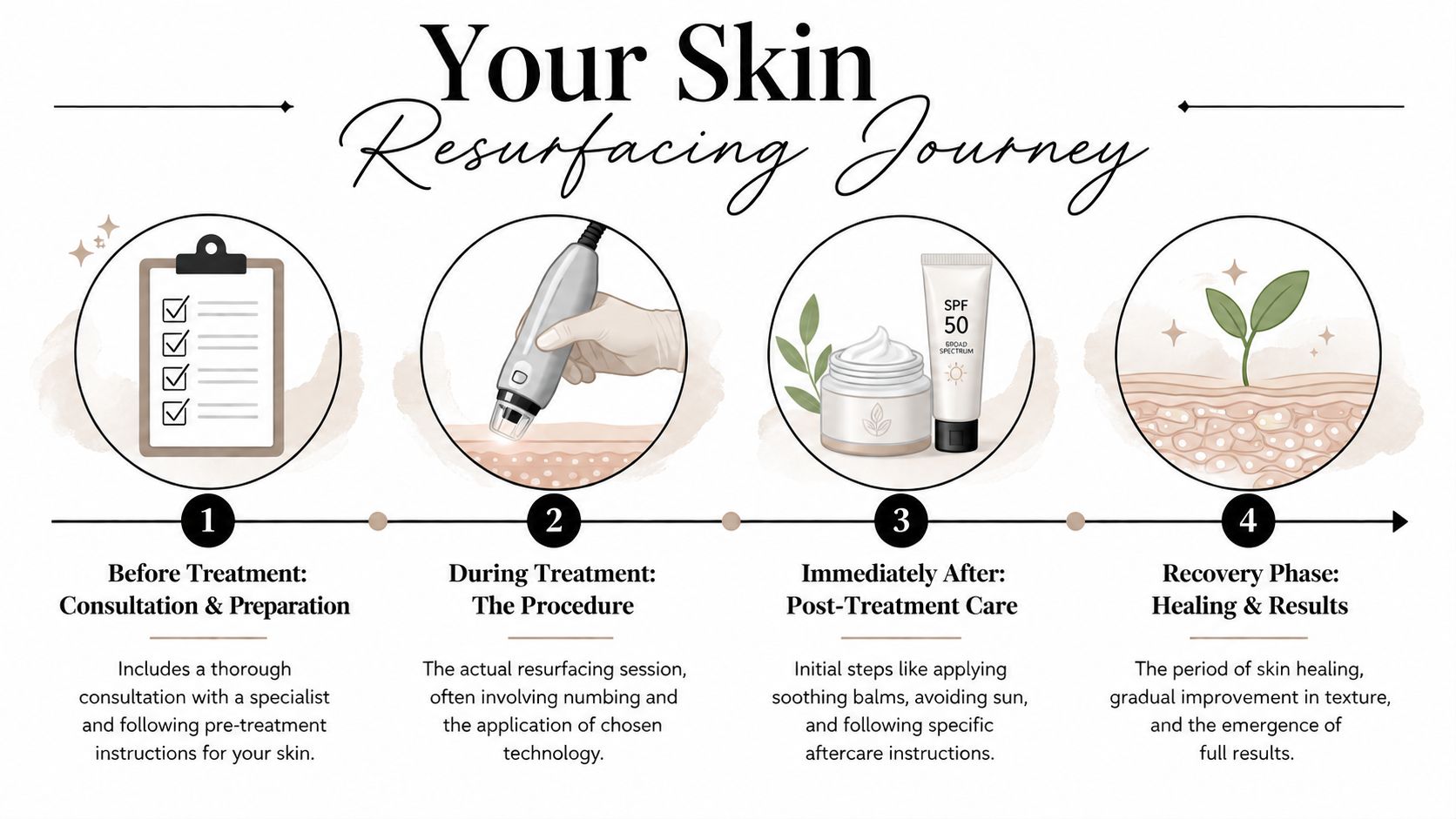 An infographic detailing the four steps of a professional skin resurfacing treatment journey from consultation to recovery.