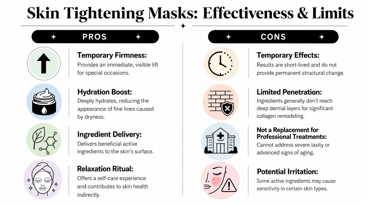 An infographic detailing the pros and cons of using skin tightening masks for facial skincare.