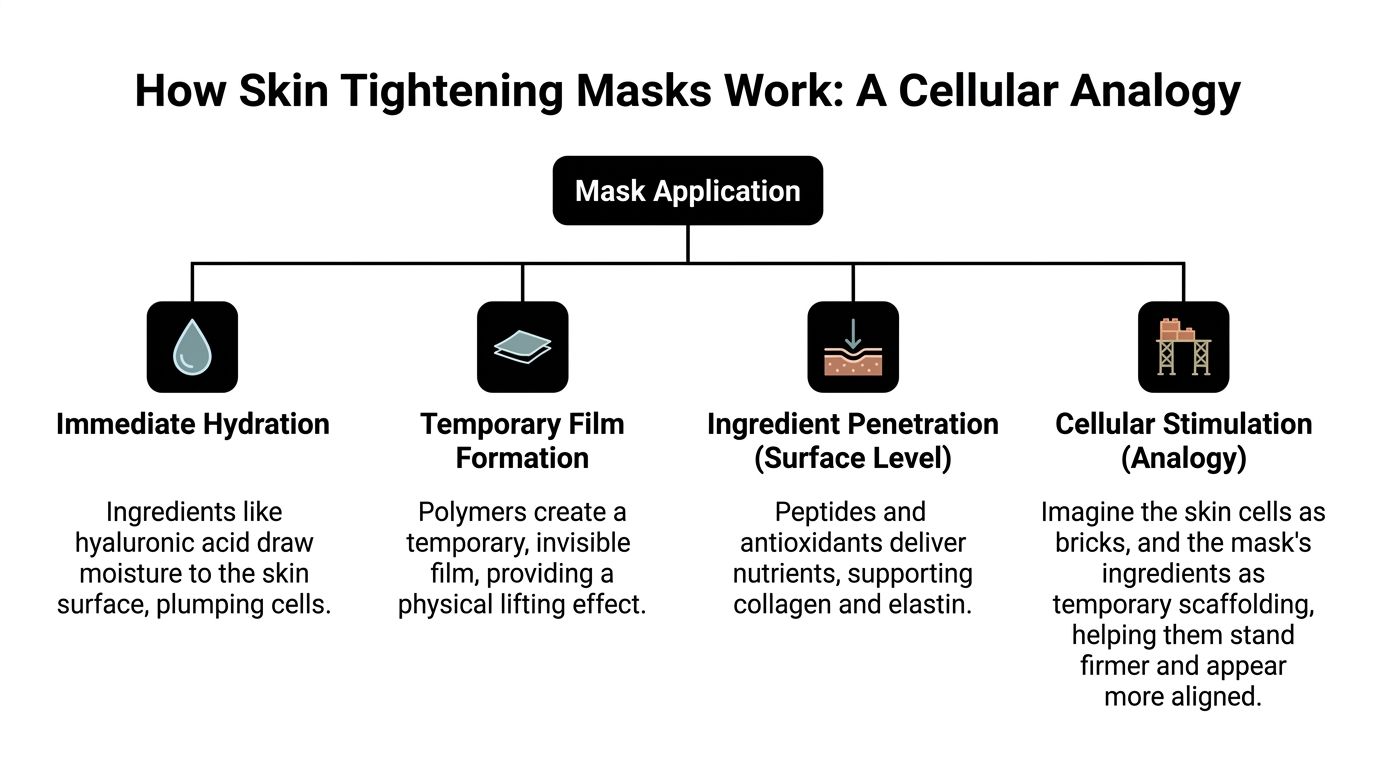 A flowchart explaining how skin tightening masks work through hydration, film formation, ingredient penetration, and cellular stimulation.