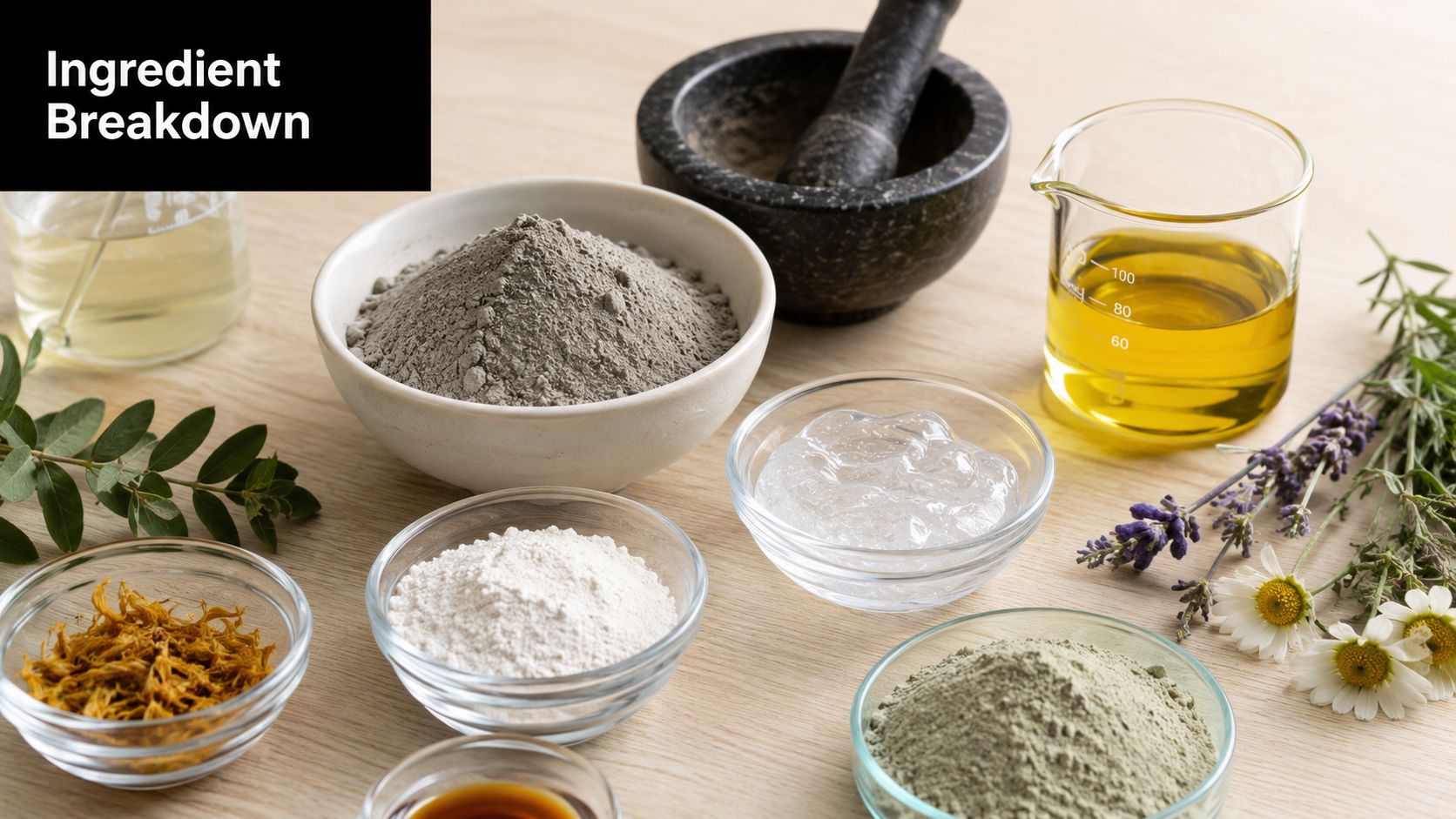 Various natural skincare ingredients including clay powders, oils, botanical herbs, and aloe vera gel on wood.