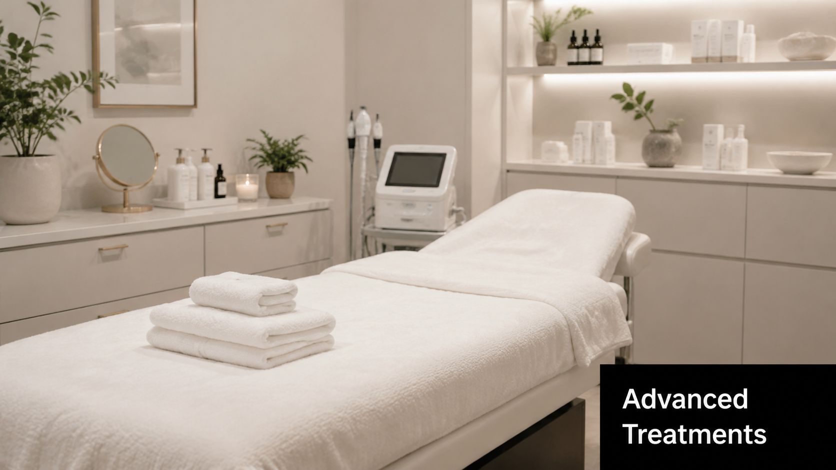 A clean, modern professional spa treatment room featuring a massage bed, skincare products, and specialized aesthetic equipment.