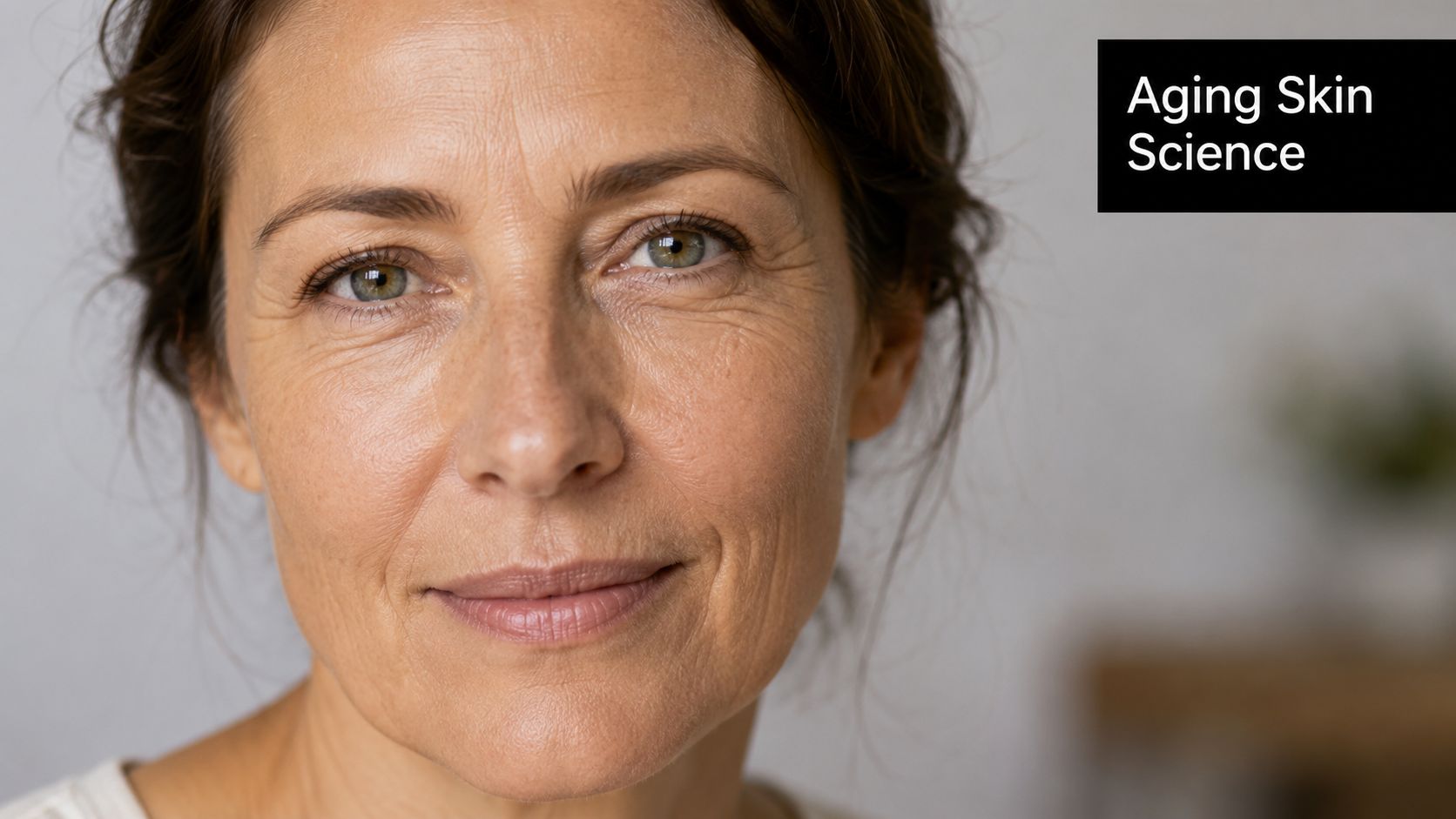 A close-up portrait of a middle-aged woman with natural skin texture and facial wrinkles.