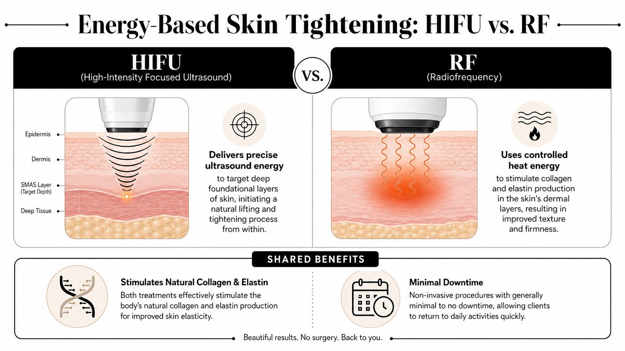 A comparison chart showing differences and shared benefits between HIFU and Radiofrequency skin tightening treatments.