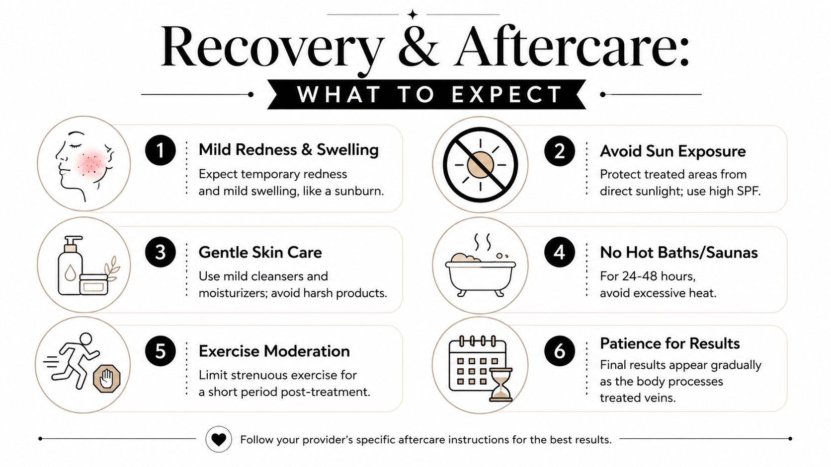 A professional infographic outlining six important recovery and aftercare tips following a cosmetic skin treatment procedure.