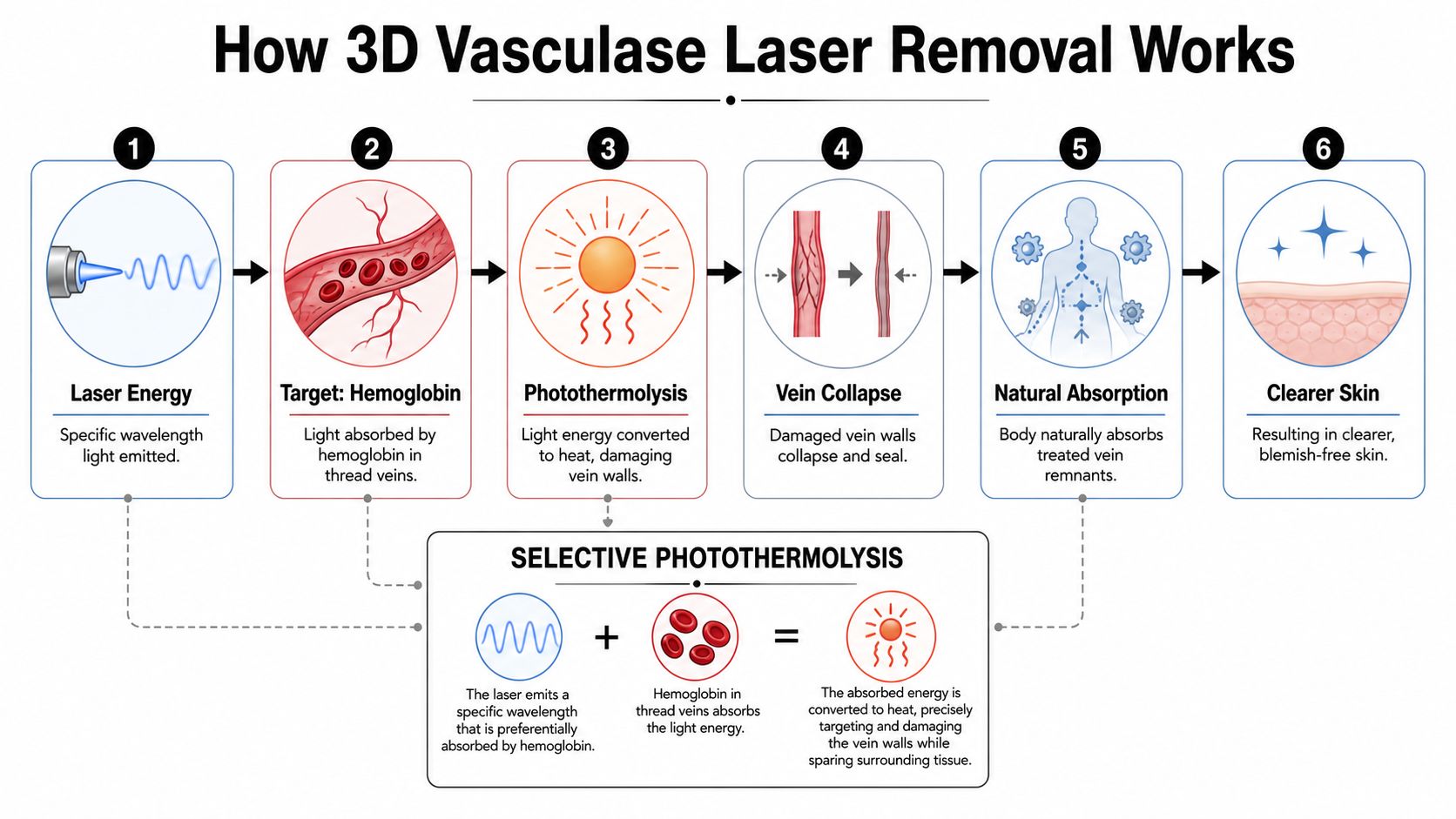 A six-step infographic explaining how 3D Vasculase laser technology works for professional thread vein removal treatment.