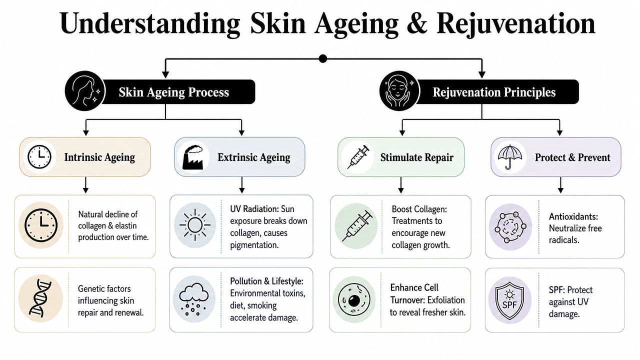 A diagram illustrating the causes of skin ageing and the principles of facial rejuvenation treatments.