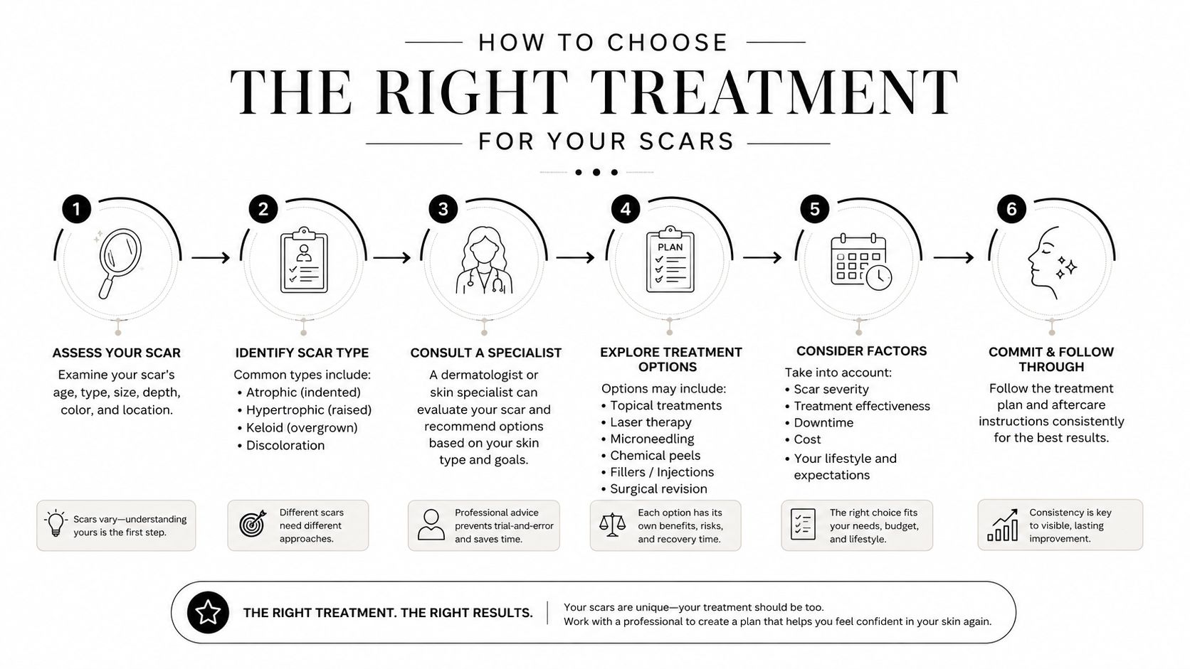 A six-step infographic guide on how to choose the right professional medical treatment for skin scars.