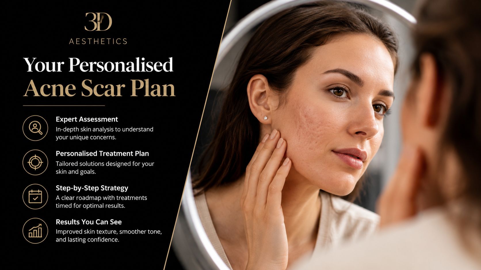 A woman looking in a mirror examining her acne scars while considering professional skin treatment options.