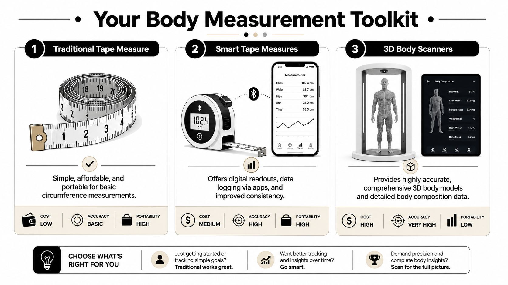 An infographic comparing traditional tape measures, smart tape measures, and 3D body scanners for body tracking.