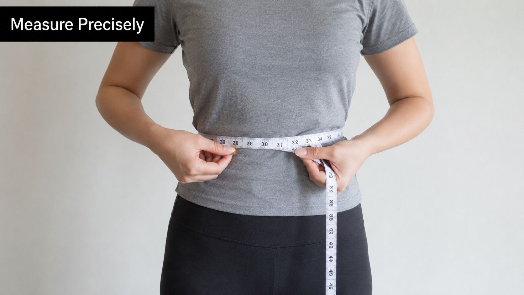 A person in a gray t-shirt using a white tape measure to check their waist circumference.