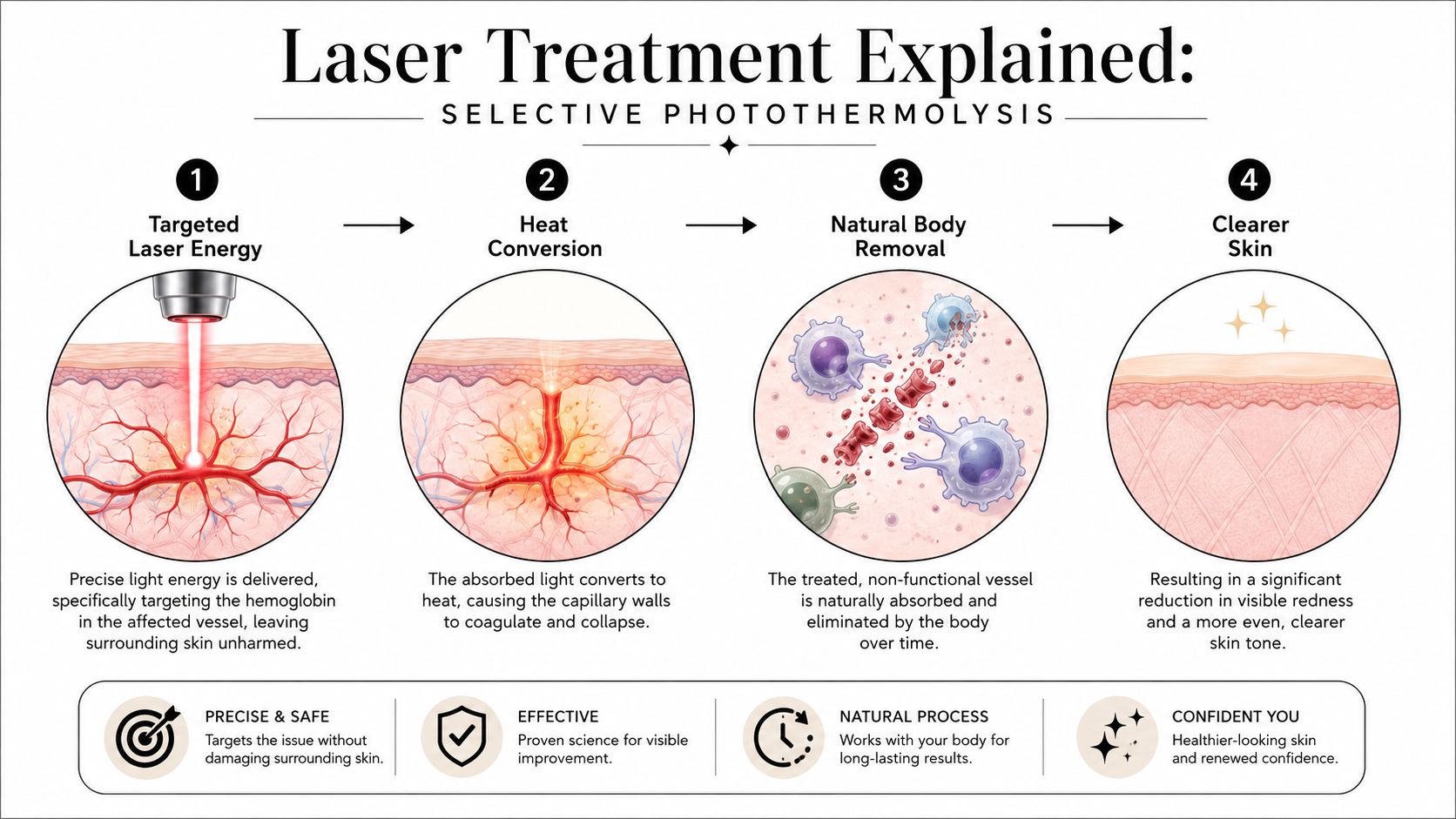 A four-step infographic explaining how selective photothermolysis laser treatment effectively removes visible broken capillaries.