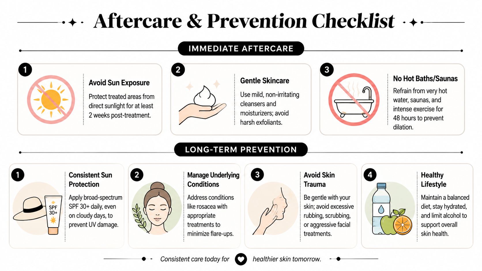An infographic titled Aftercare and Prevention Checklist detailing tips for skin health and recovery after dermatological treatments.