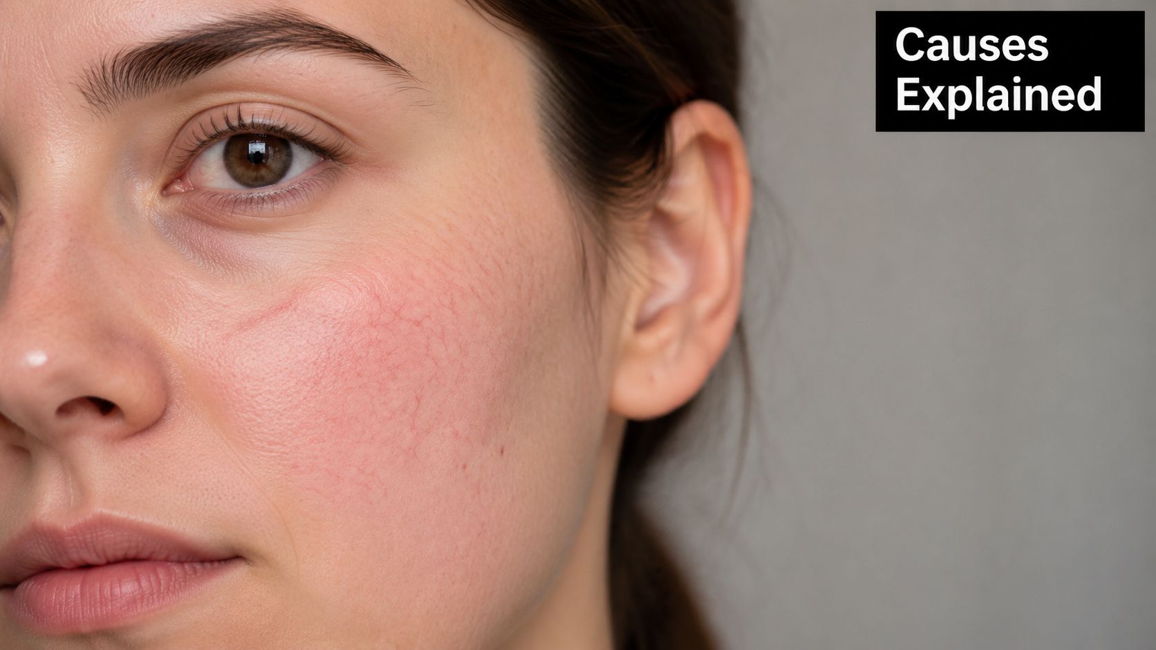 Close-up of a woman's cheek showing visible broken capillaries and skin redness on her face.