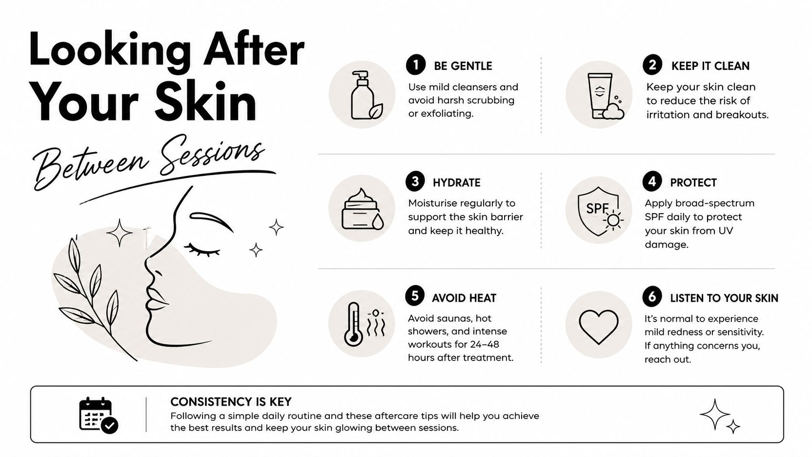 An infographic titled Looking After Your Skin Between Sessions listing six skincare aftercare tips for patients.