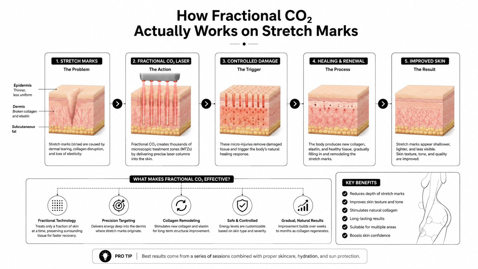 A diagram illustrating how fractional CO2 laser treatment works to reduce the appearance of stretch marks.