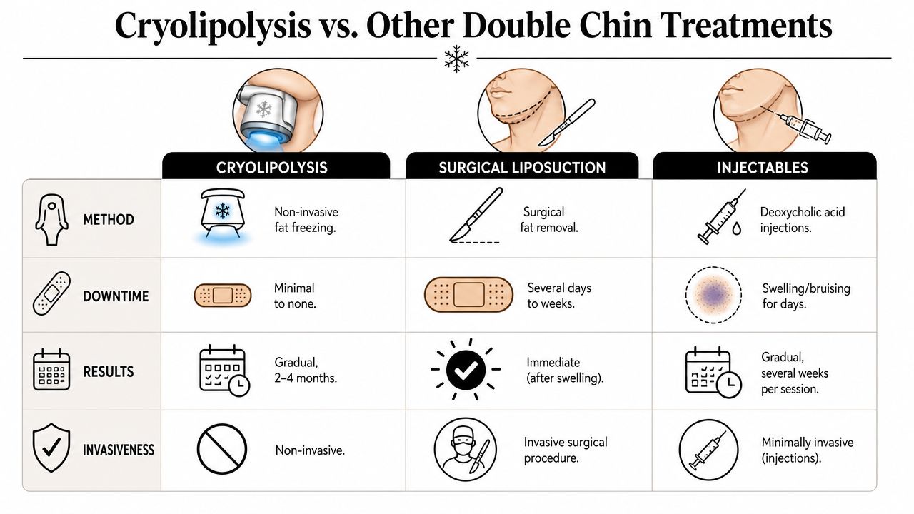 A comparison chart outlining differences between cryolipolysis, surgical liposuction, and injectable treatments for reducing double chin fat.