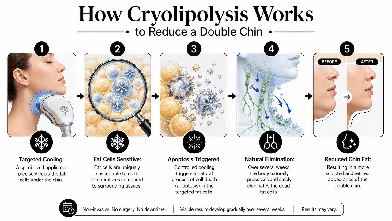 A five-step infographic explaining how cryolipolysis treatment reduces fat under the chin through targeted cooling.