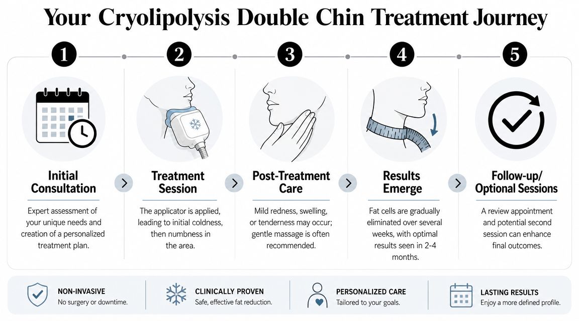 A five-step infographic showing the patient journey for a non-invasive cryolipolysis double chin fat reduction treatment.