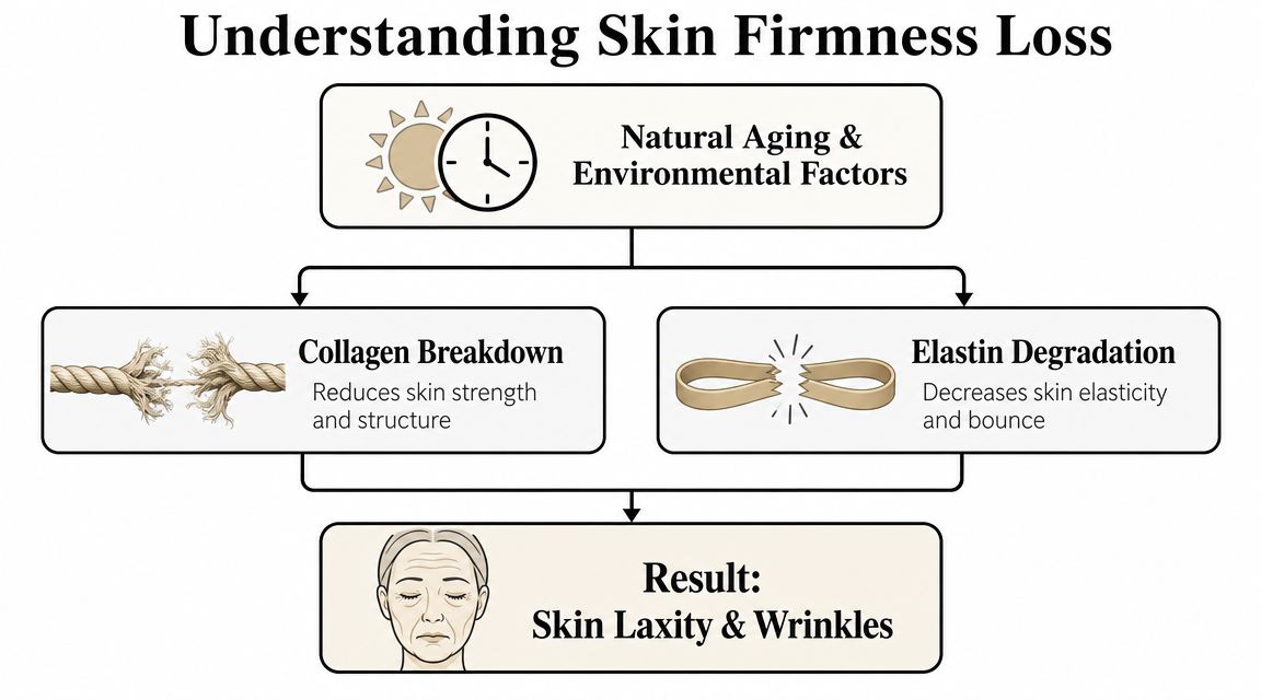 A flowchart explaining how aging and environmental factors cause collagen and elastin breakdown, leading to skin laxity.
