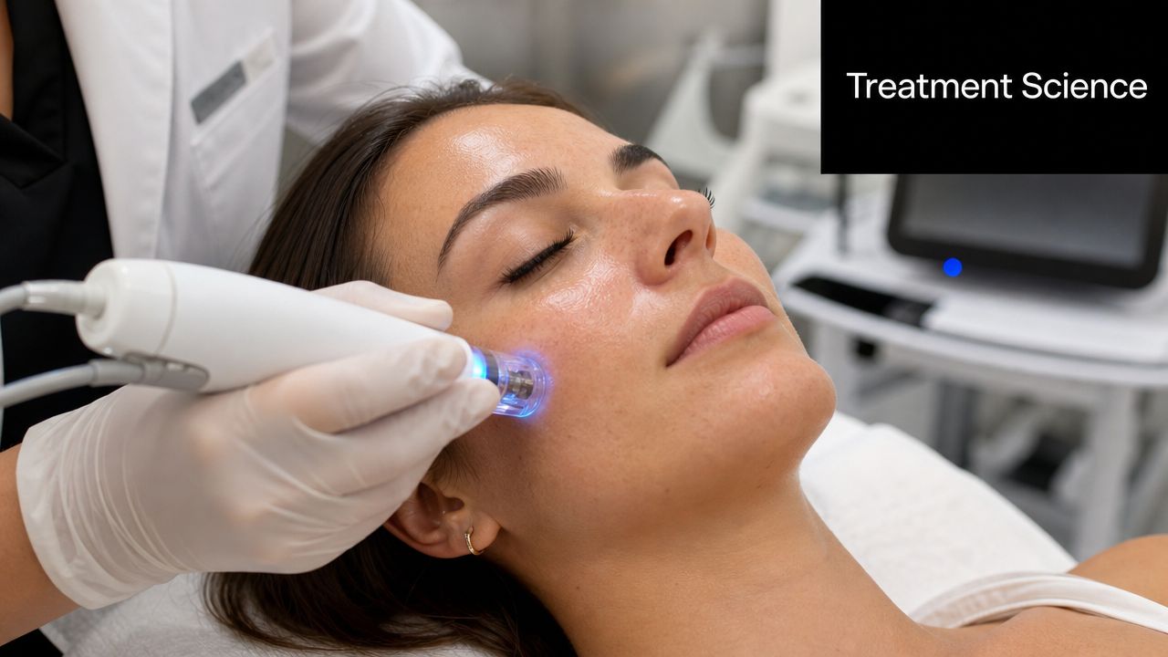A dermatologist performing a facial skin tightening treatment with a professional device on a woman's face.
