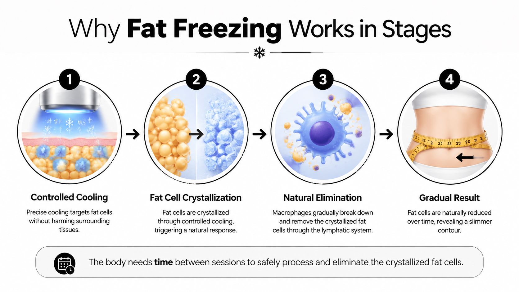 A four-stage infographic illustrating how fat freezing works to reduce fat cells and contour the body.