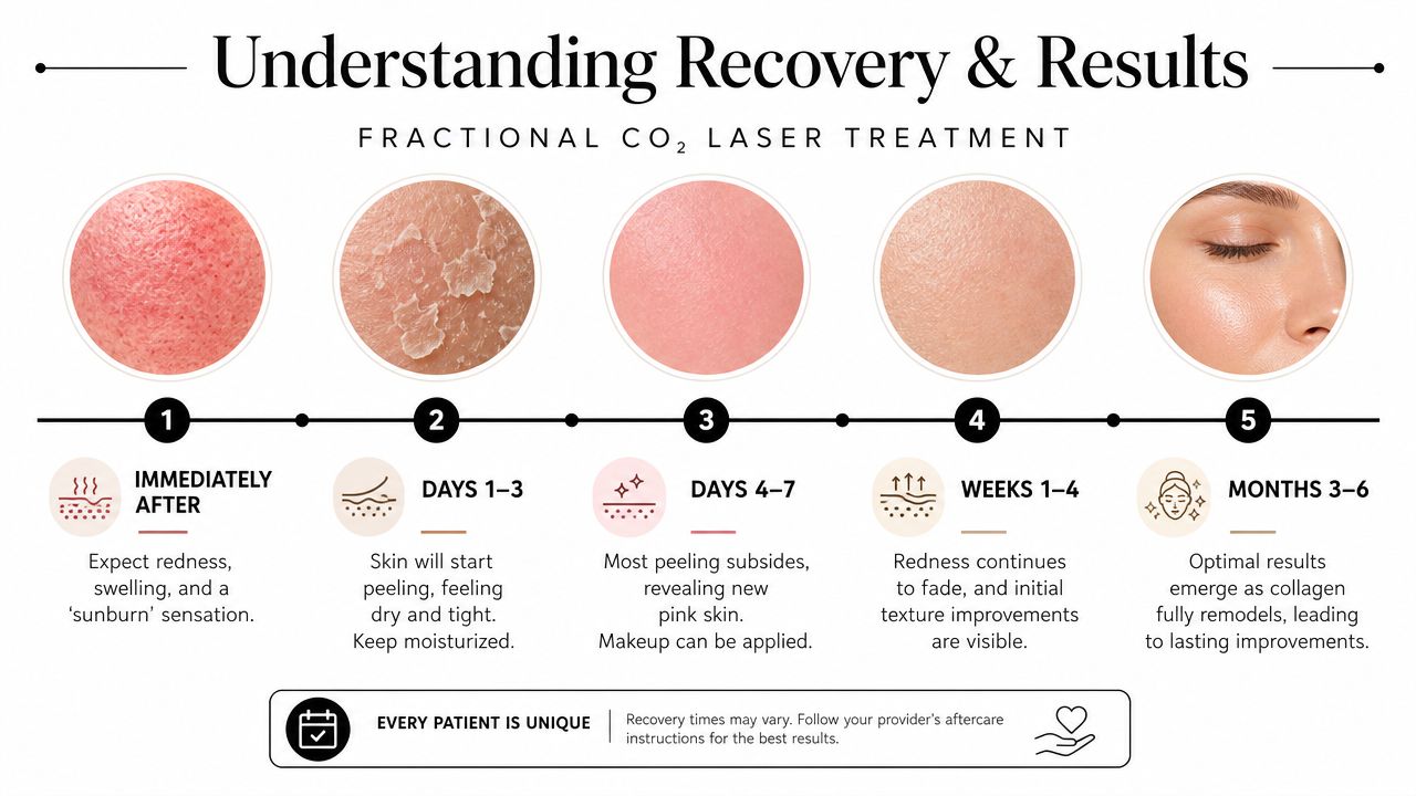 A timeline graphic illustrating the five stages of skin recovery after a fractional CO2 laser treatment.