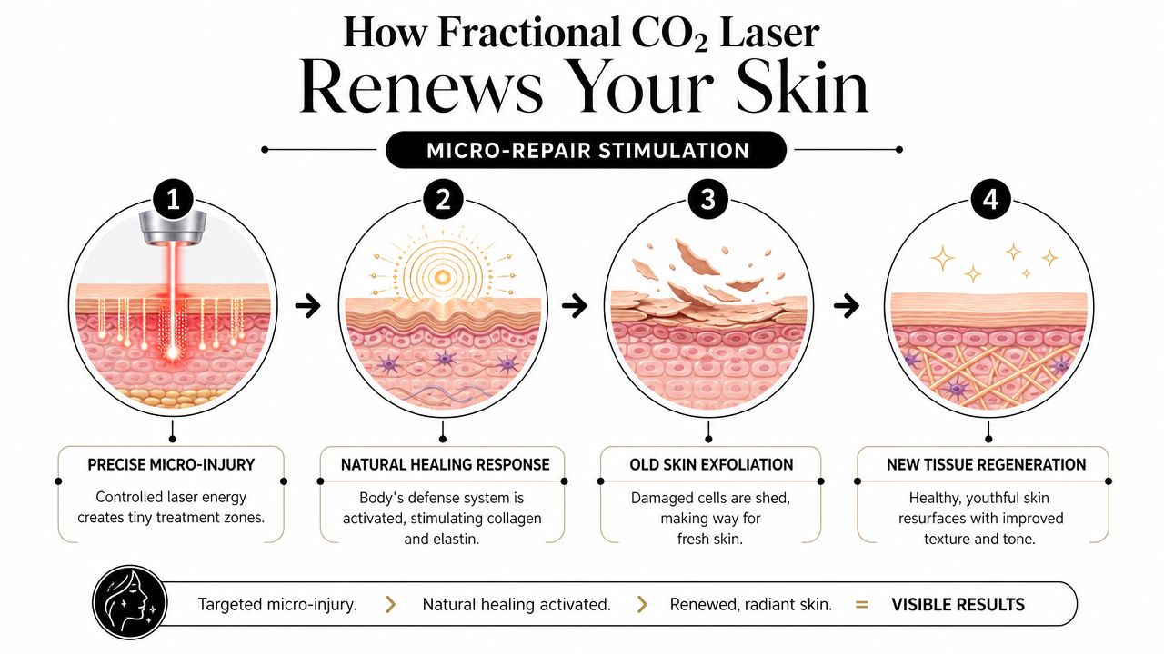 A four-step infographic illustrating how fractional CO2 laser treatment renews skin through micro-injury and tissue regeneration.