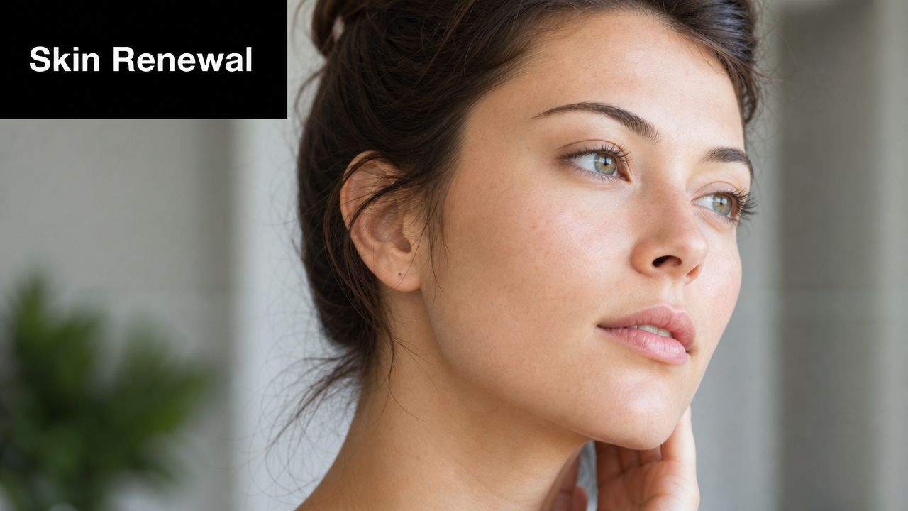 A young woman with glowing, clear, and healthy skin looking away in a serene manner.