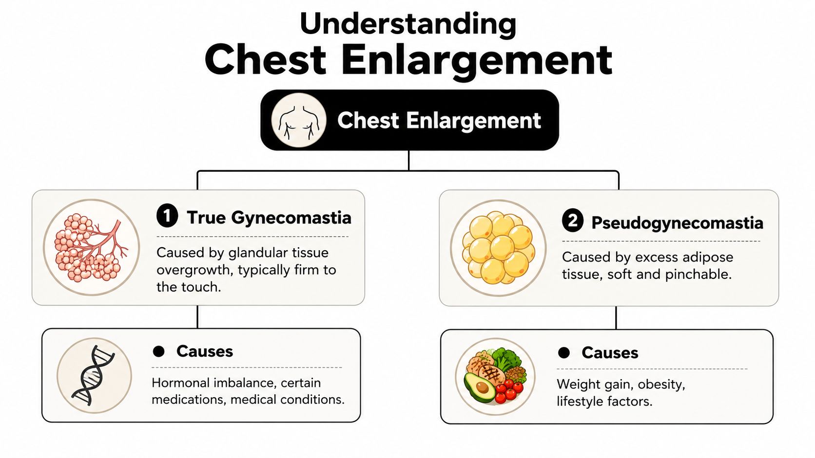 An infographic explaining the differences between True Gynecomastia and Pseudogynecomastia with causes for both conditions.
