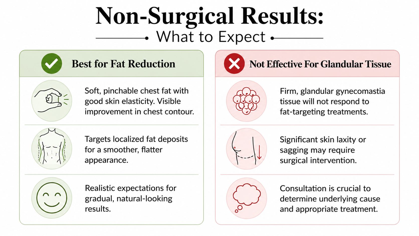 A comparison chart showing benefits and limitations of non-surgical treatments for gynecomastia and chest fat reduction.