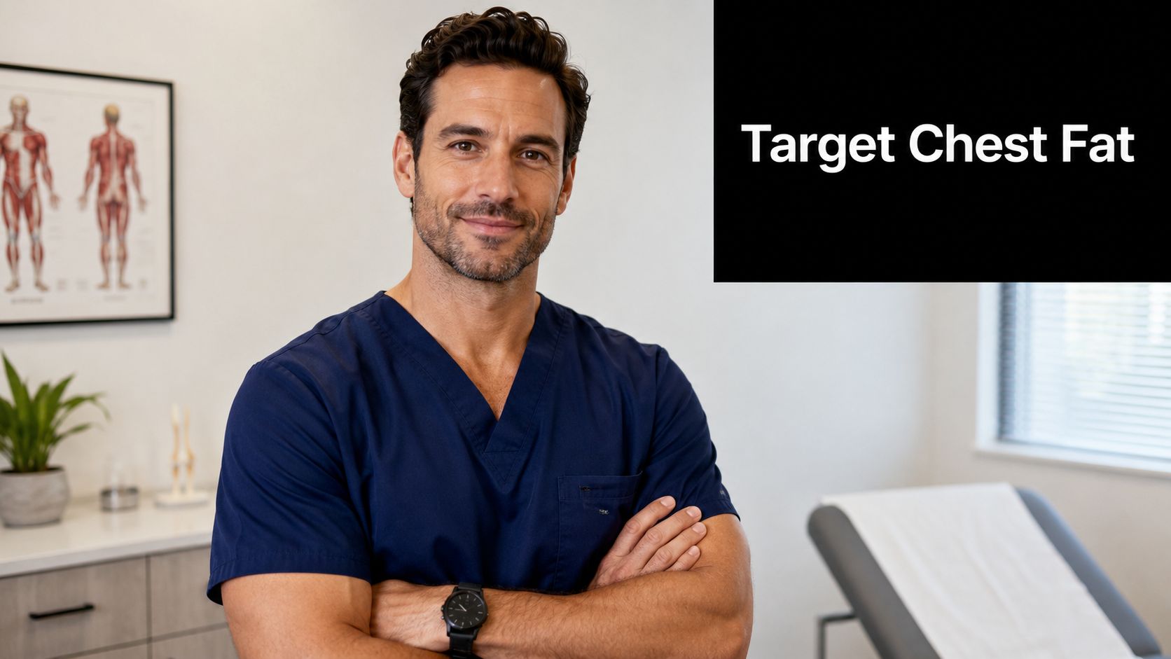 A professional male doctor in scrubs stands in an office with a medical chart in the background.