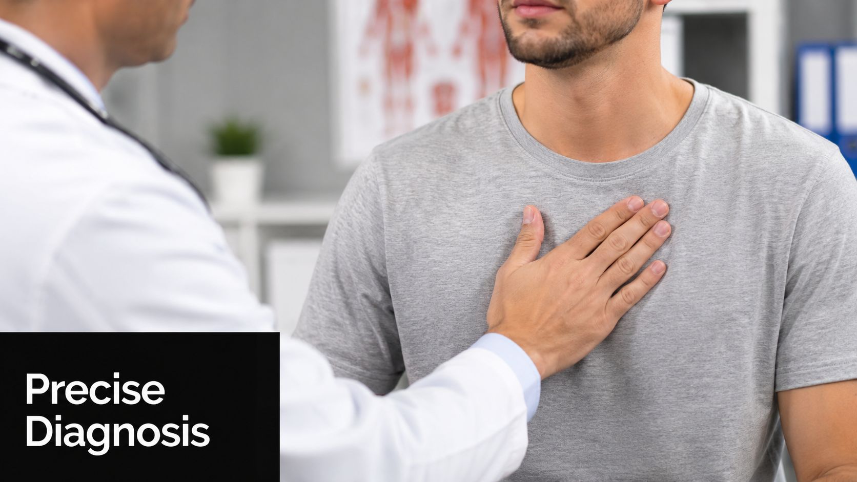 A doctor performing a physical chest examination on a male patient in a clinical office setting.
