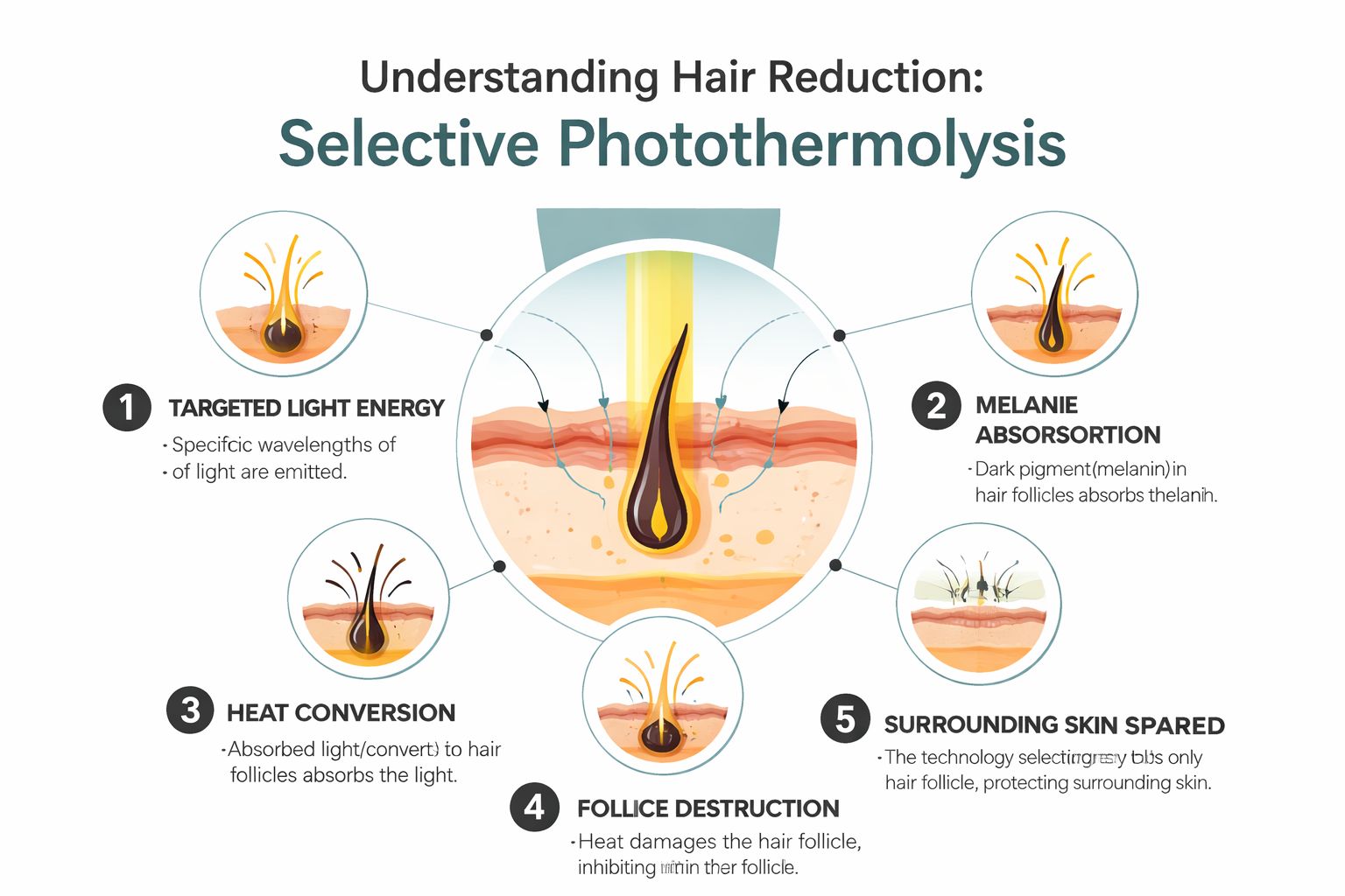 An infographic diagram illustrating the five-step process of selective photothermolysis for effective laser hair reduction treatment.