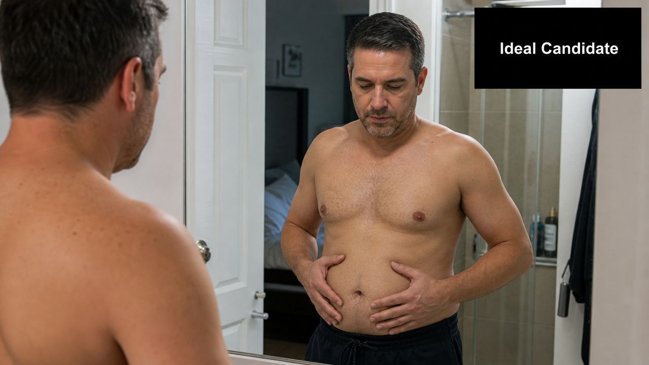 A shirtless man standing in front of a bathroom mirror examining his abdomen for body sculpting.