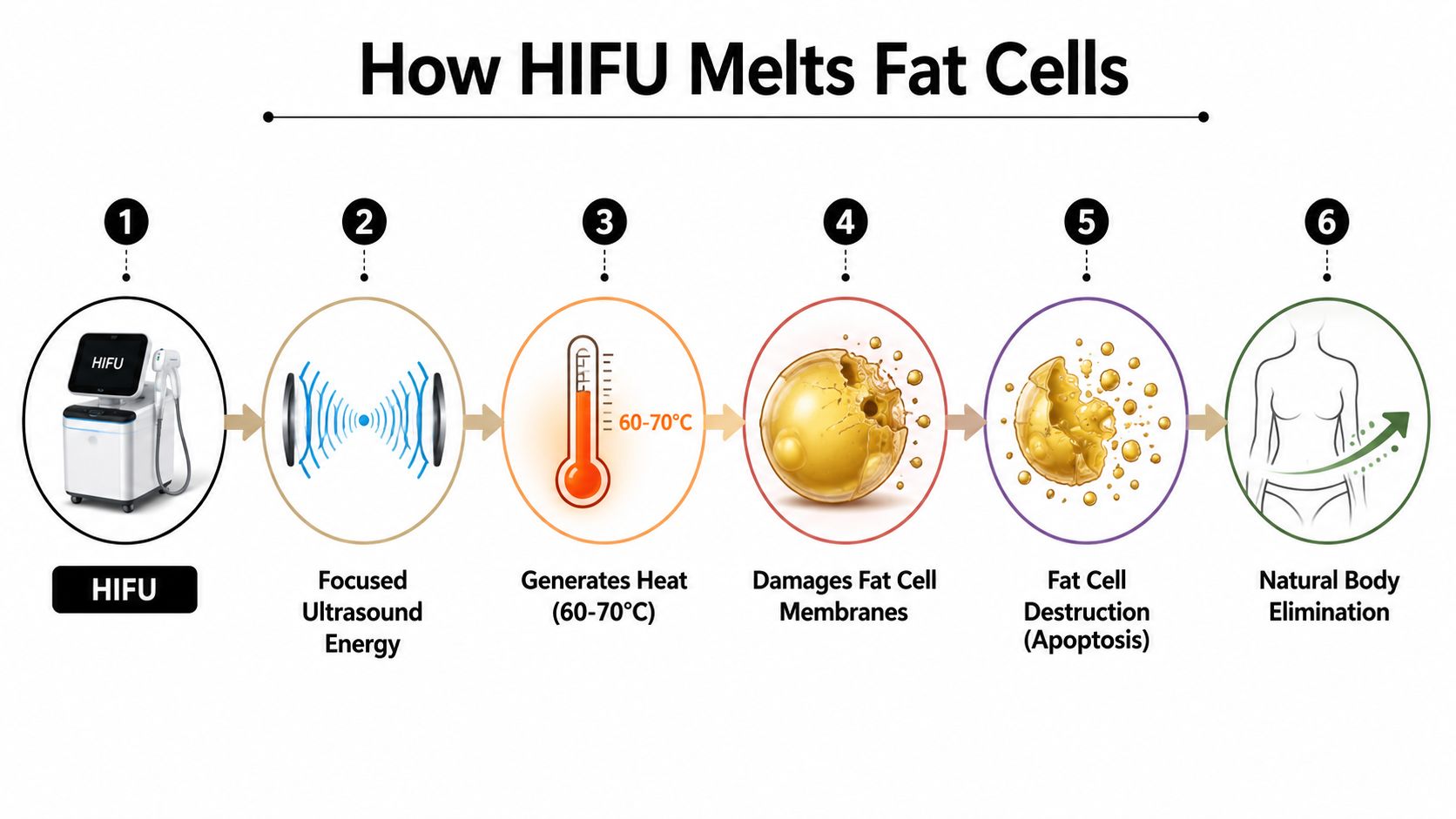 A step-by-step diagram showing how HIFU technology uses focused ultrasound energy to destroy fat cells.