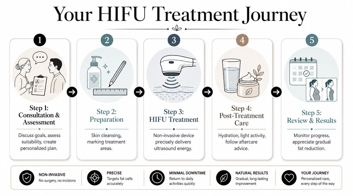 A 5-step infographic explaining the HIFU body sculpting procedure journey from initial consultation to final results.