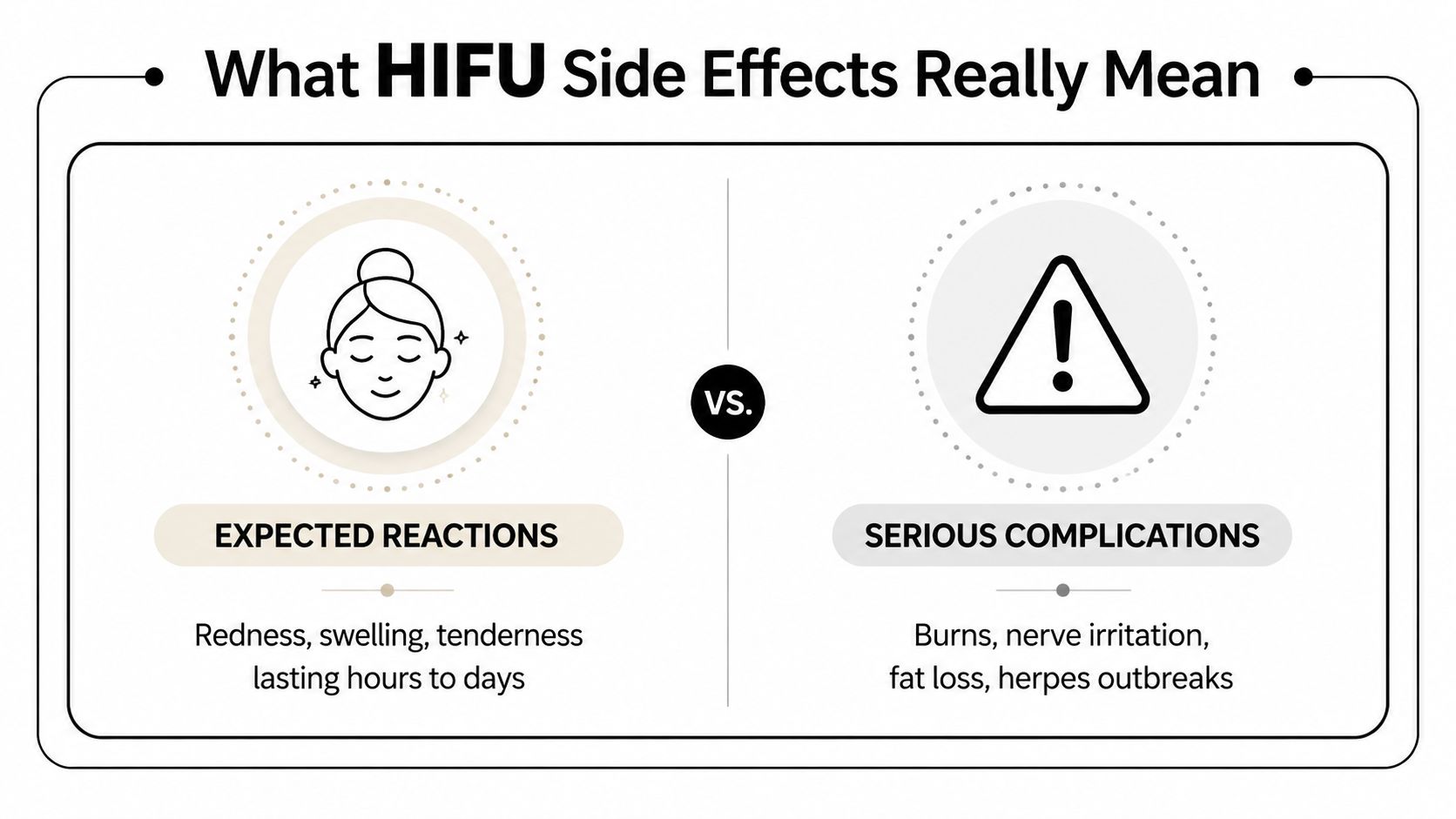 An infographic showing the difference between expected HIFU side effects and serious complications like burns or nerve damage.